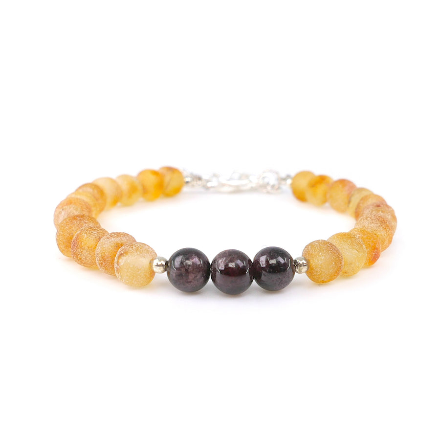 Pulsera ajustable de ámbar miel en bruto con cuentas de granate para niño Acuario