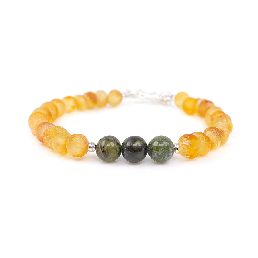 Pulsera ajustable de ámbar miel crudo y heliotropo para niños del signo Aries