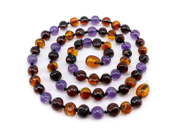POLISHED MULTICOLOR ADULT BALTIC AMBER NECKLACE WITH AMETHYST