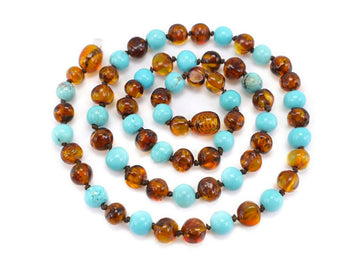 POLISHED COGNAC ADULT BALTIC AMBER NECKLACE WITH TURQUOISE