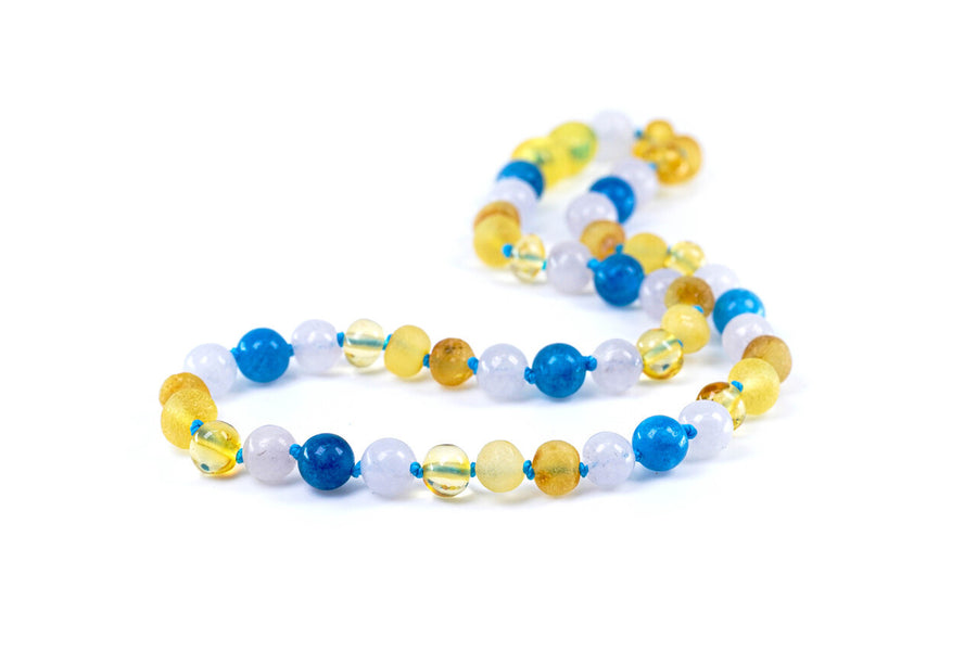 Collar calmante de ámbar báltico y jade azul para la dentición de bebés