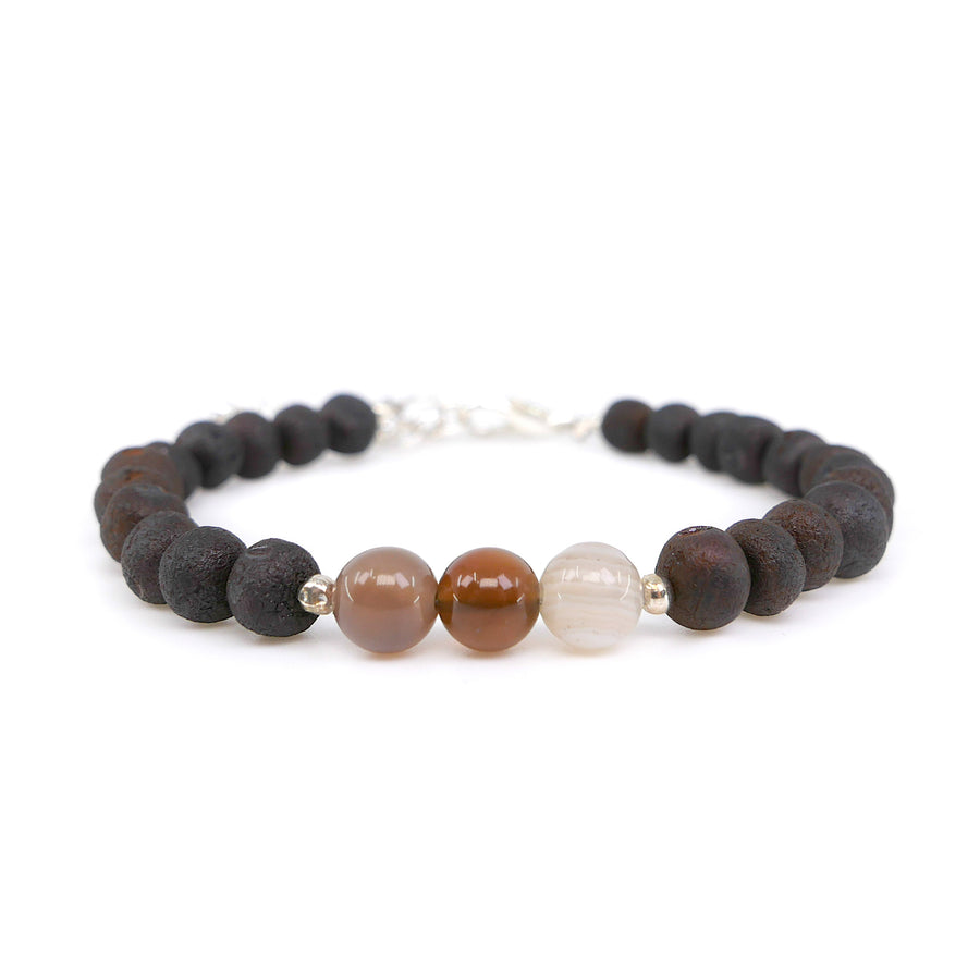 Pulsera infantil ajustable de ámbar cereza oscura crudo con cuentas de ágata natural