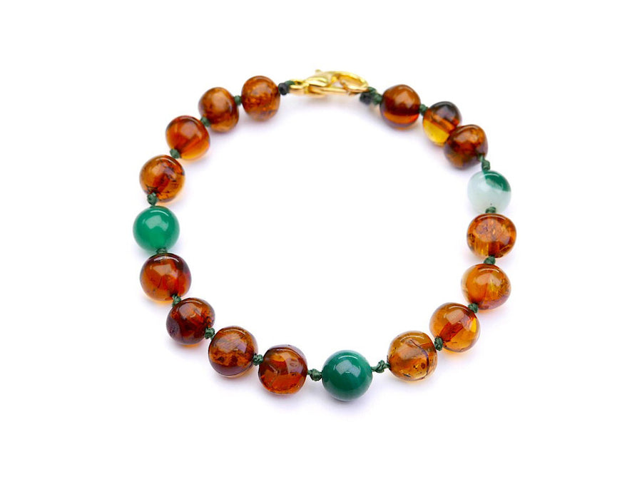 Pulsera/tobillera de dentición para bebé de ámbar coñac y piedras de ágata