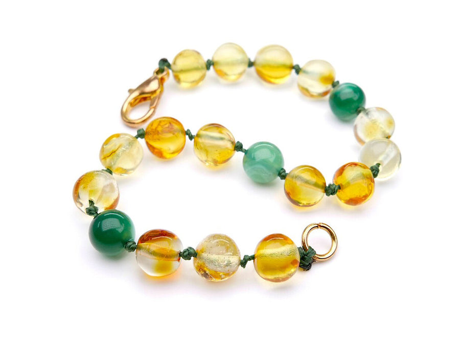 Pulsera de ámbar báltico limón con piedras de ágata para calmar la dentición de niños
