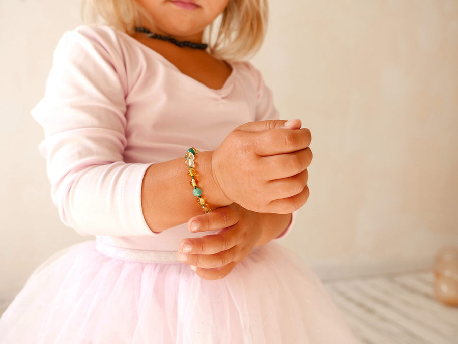 Pulsera/tobillera de dentición con ámbar color limón y ágata para bebés