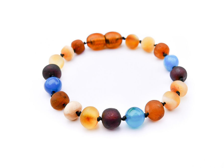 Tobillera calmante de ámbar báltico crudo multicolor y ágata azul para bebés