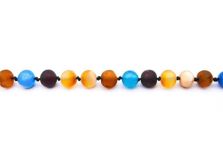Pulsera de dentición para niños con ámbar báltico crudo multicolor y ágata azul