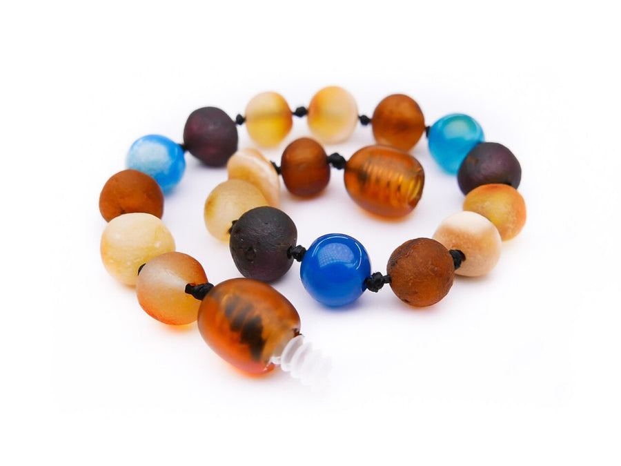 Pulsera/tobillera de ámbar crudo multicolor con cuentas de ágata azul para bebés