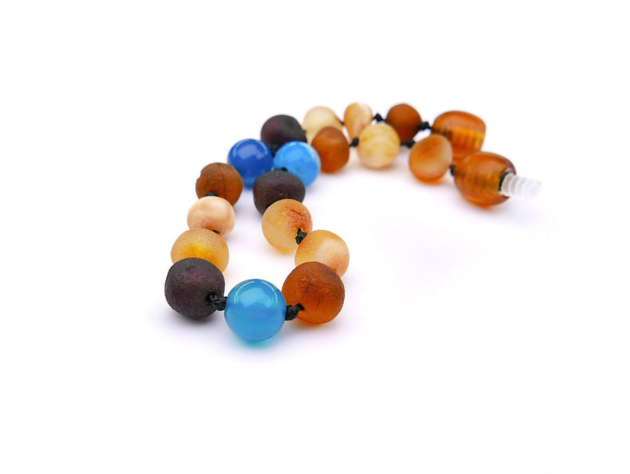 Pulsera/tobillera natural para dentición con ámbar multicolor y ágata azul para niños