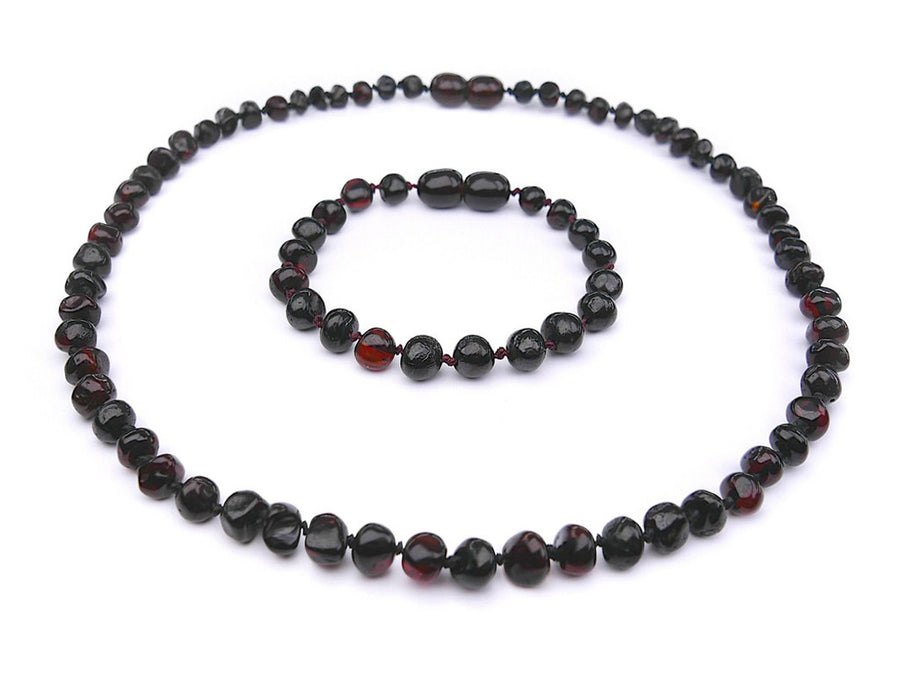 Ámbar báltico 100% auténtico para bebés, conjunto de collar y pulsera en color cereza oscuro