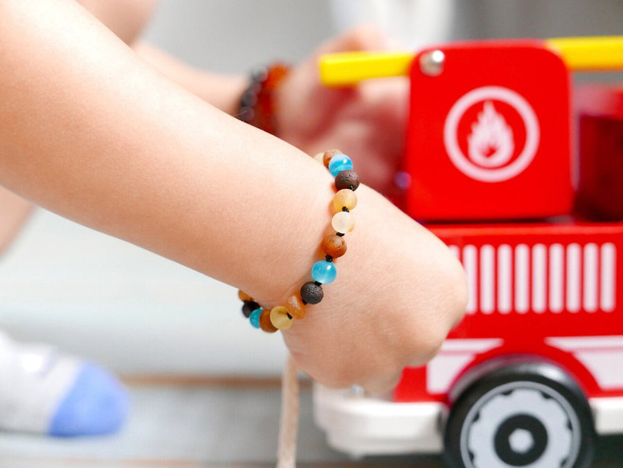 Tobillera de ámbar báltico crudo multicolor y ágata azul para aliviar la dentición infantil