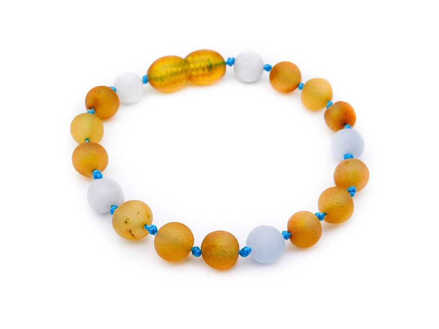 Pulsera para la dentición de bebé con ámbar crudo miel y aguamarina azul