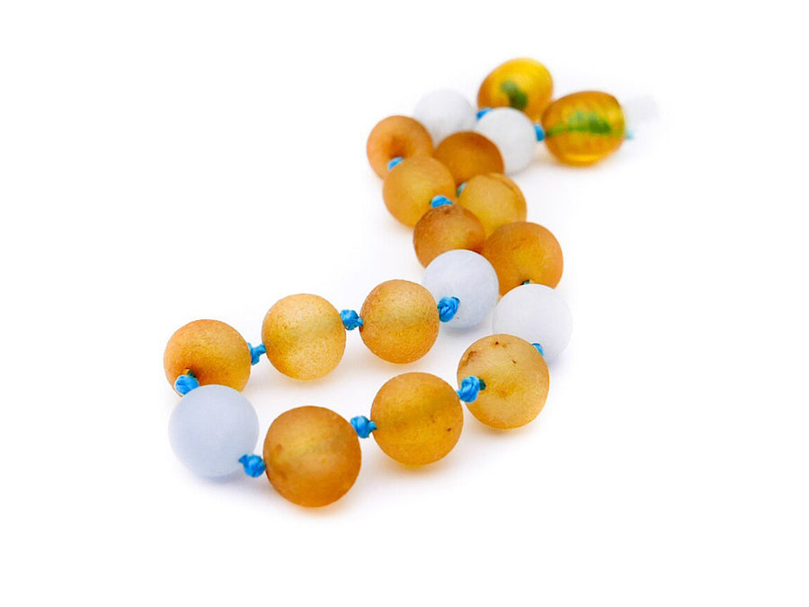Pulsera de dentición de ámbar báltico crudo miel con cuentas de aguamarina azul