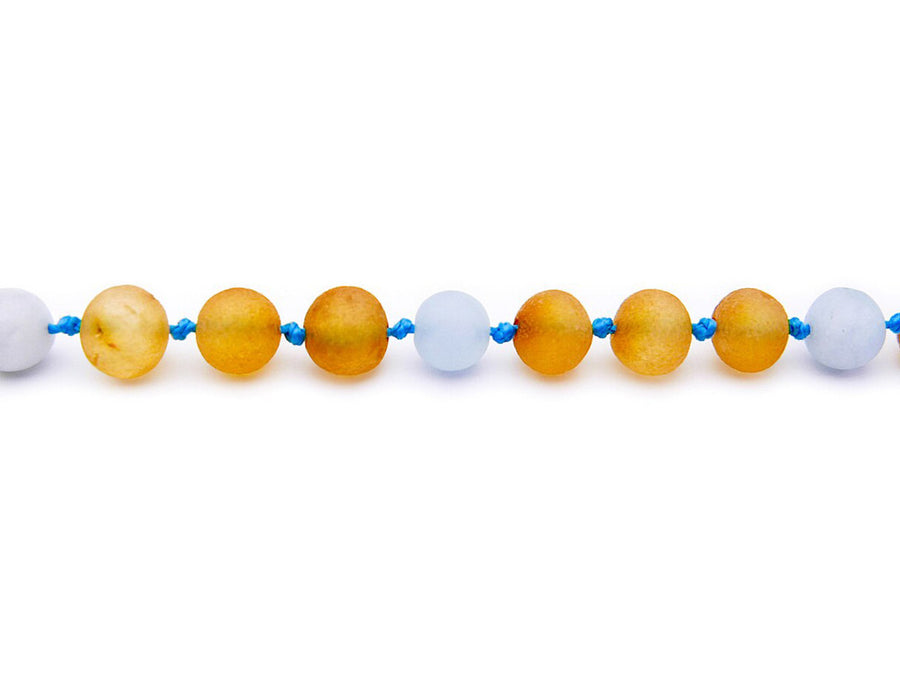 Joyería natural para bebés: pulsera de ámbar báltico miel y aguamarina azul