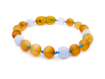 Pulsera de ámbar báltico crudo miel con aguamarina azul para la dentición de bebés