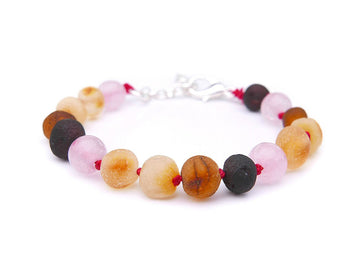 Pulsera de ámbar crudo multicolor con cuarzo rosa para la dentición de bebés