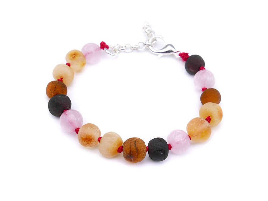 Pulsera ajustable para bebés con cuentas de ámbar báltico crudo y cuarzo rosa