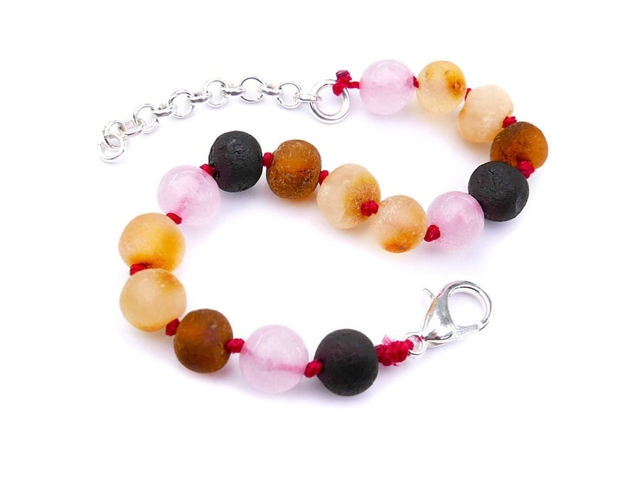 Pulsera/tobillera de dentición para bebé con ámbar multicolor y cuarzo rosa