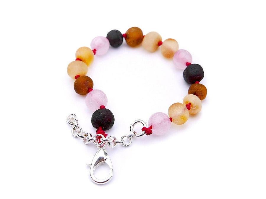 Joyería de dentición infantil con ámbar multicolor y piedra de cuarzo rosa