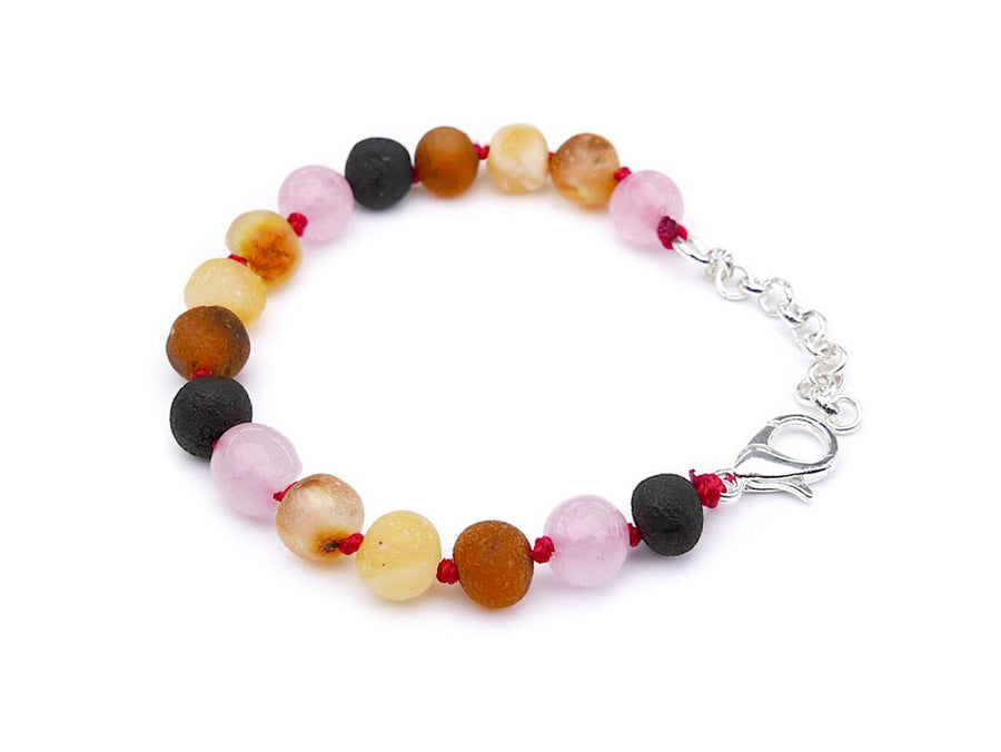 Tobillera de dentición de ámbar crudo multicolor con cuarzo rosa para bebés