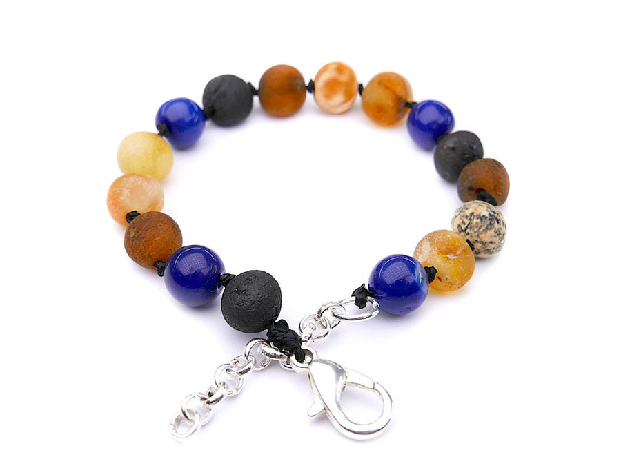 Pulsera de dentición para bebé con cuentas de ámbar crudo multicolor y ágata azul