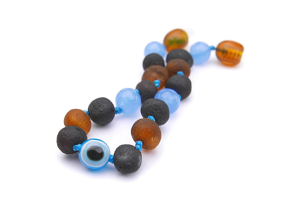 Pulsera de ámbar multicolor y jade azul, diseño seguro para la dentición de bebés