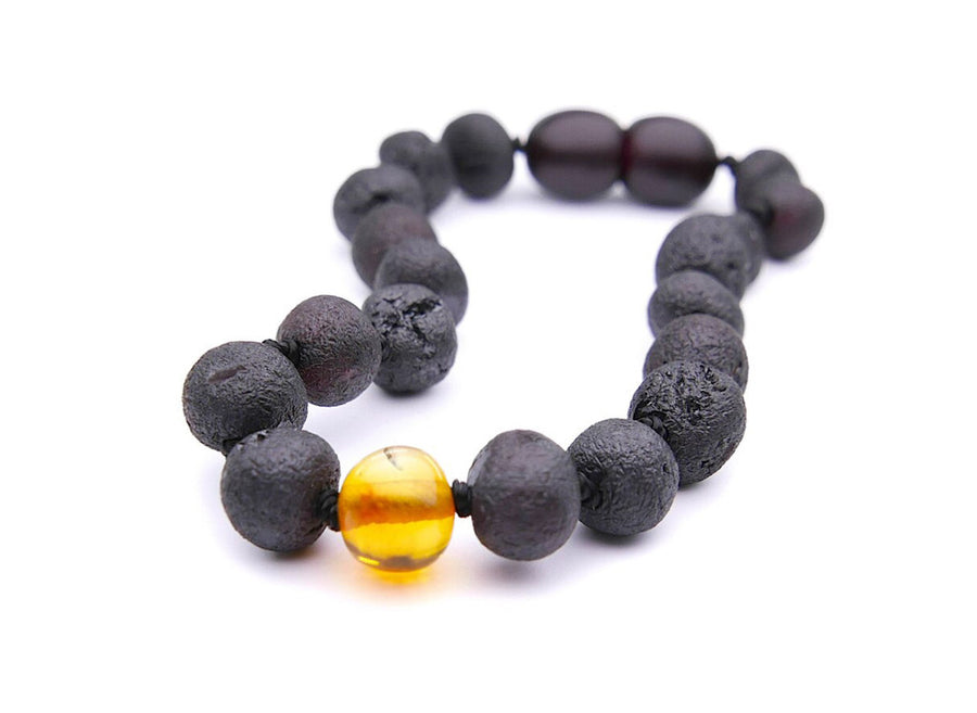 Pulsera/tobillera de ámbar en bruto color cereza oscura para aliviar la dentición infantil