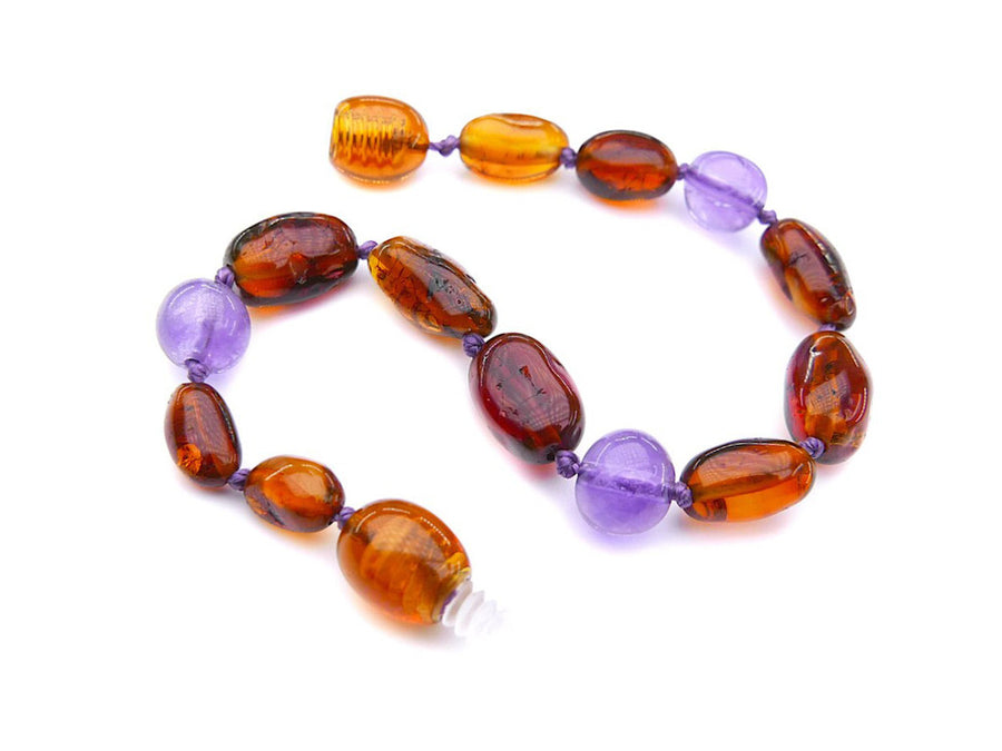 Pulsera de dentición elegante de ámbar báltico y amatista para bebés
