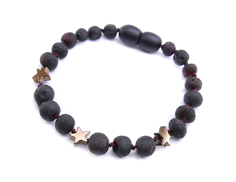 Pulsera calmante de ámbar báltico cereza oscura y hematita en forma de estrella para bebés