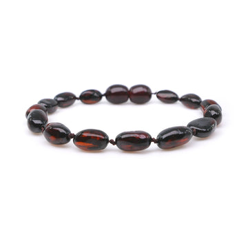 Pulsera de ámbar báltico cereza oscura con cuentas de oliva para dentición