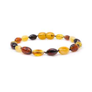 Pulsera de dentición de ámbar báltico multicolor con cuentas pulidas oliva
