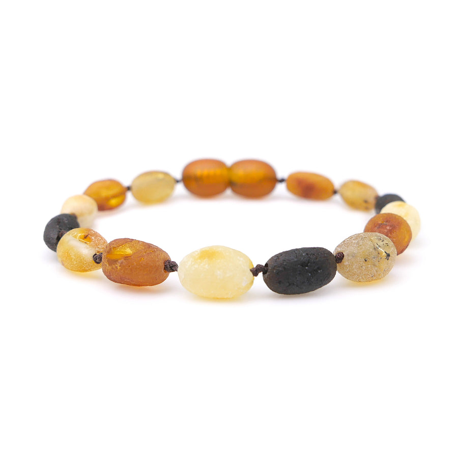 Pulsera de dentición de ámbar báltico multicolor en bruto con cuentas oliva