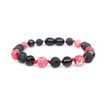 Pulsera de ámbar cereza oscuro con jaspe rojo marino para la dentición