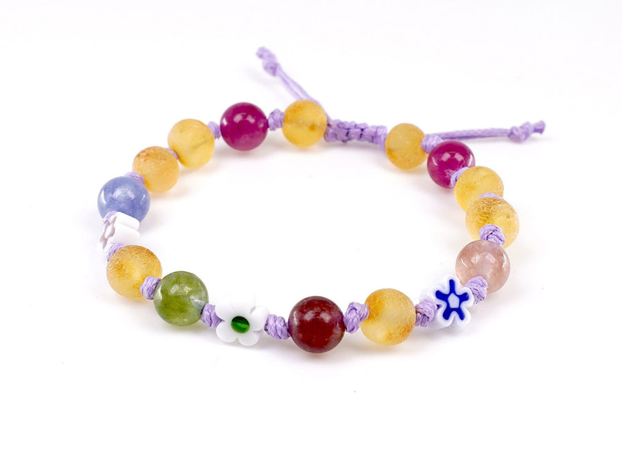 Pulsera natural para dentición con ámbar crudo, jade y cordón morado