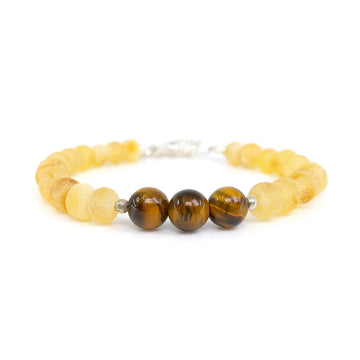 Pulsera infantil ajustable de ámbar miel crudo con cuentas de ojo de tigre