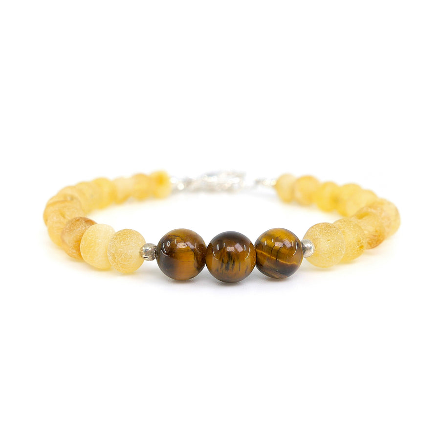 Pulsera infantil ajustable de ámbar miel crudo con cuentas de ojo de tigre