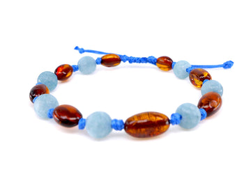 ADJUSTABLE COGNAC BALTIC AMBER BRACELET / ANKLET WITH BLUE AQUAMARINE