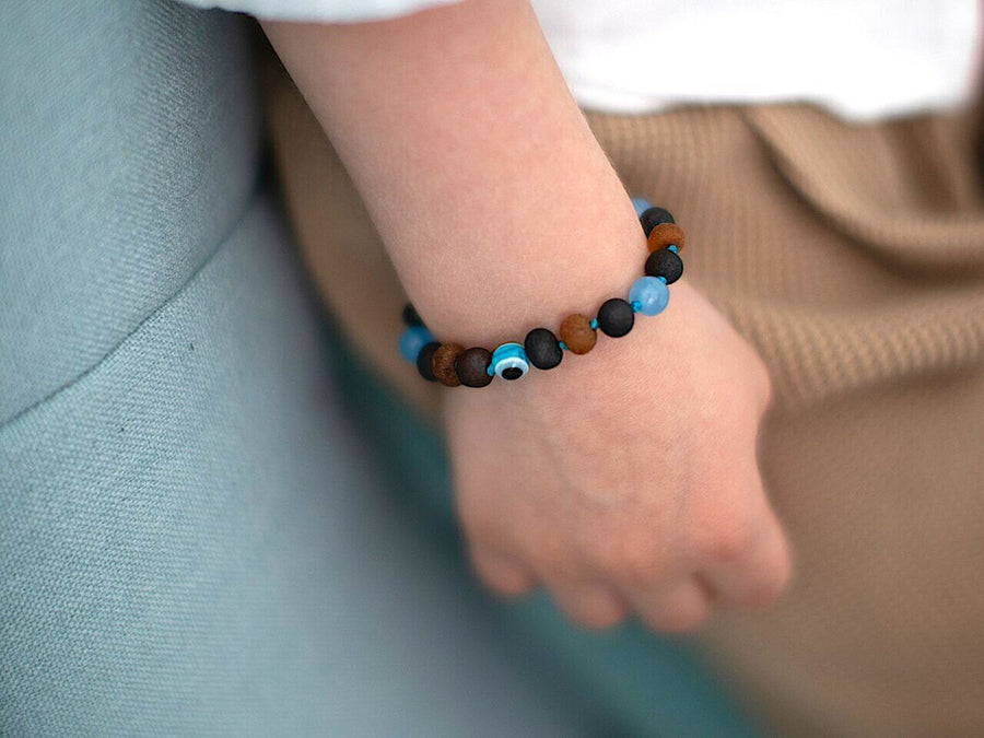 Joyería natural para bebés: tobillera de ámbar báltico multicolor con jade azul
