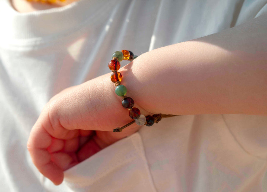 Tobillera de ámbar báltico multicolor y ágata india para aliviar la dentición infantil