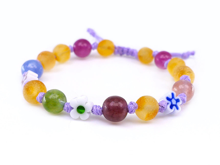 Pulsera de ámbar miel crudo con jade y cordón morado para dentición