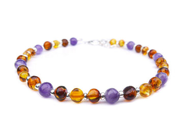 ADJUSTABLE COGNAC BALTIC AMBER ADULT ANKLET WITH AMETHYST