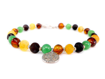 ADJUSTABLE MULTICOLOR BALTIC AMBER ADULT BRACELET WITH CAT EYE & TREE OF LIFE