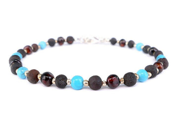 ADJUSTABLE DARK CHERRY BALTIC AMBER ADULT BRACELET WITH TURQUOISE