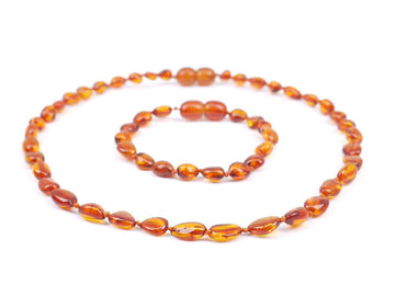 Conjunto de collar y pulsera de ámbar báltico coñac pulido para la dentición, alivio natural del dolor en bebés