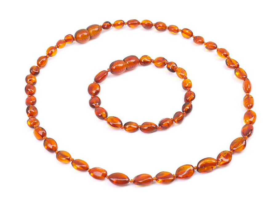 Set de ámbar báltico para la dentición, collar y pulsera con cuentas pulidas color coñac