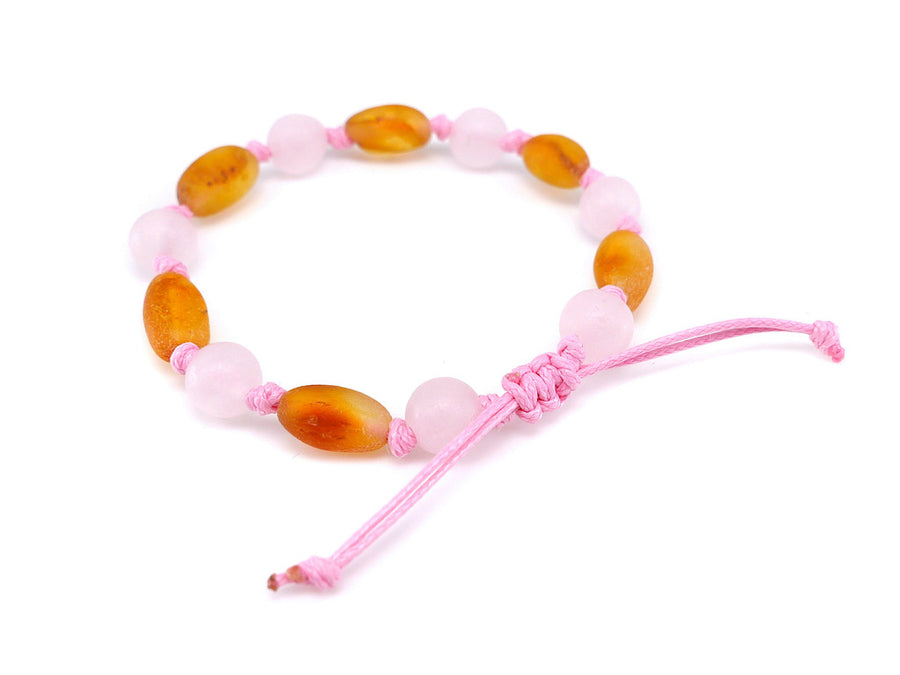 Pulsera de ámbar y cuarzo rosa para bebés, diseño seguro y cómodo para calmar la dentición
