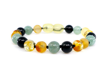 Pulsera de ámbar báltico multicolor con jade y obsidiana para la dentición de bebés