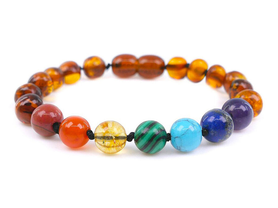 Pulsera de ámbar báltico cognac pulido con cuentas de chakra para dentición