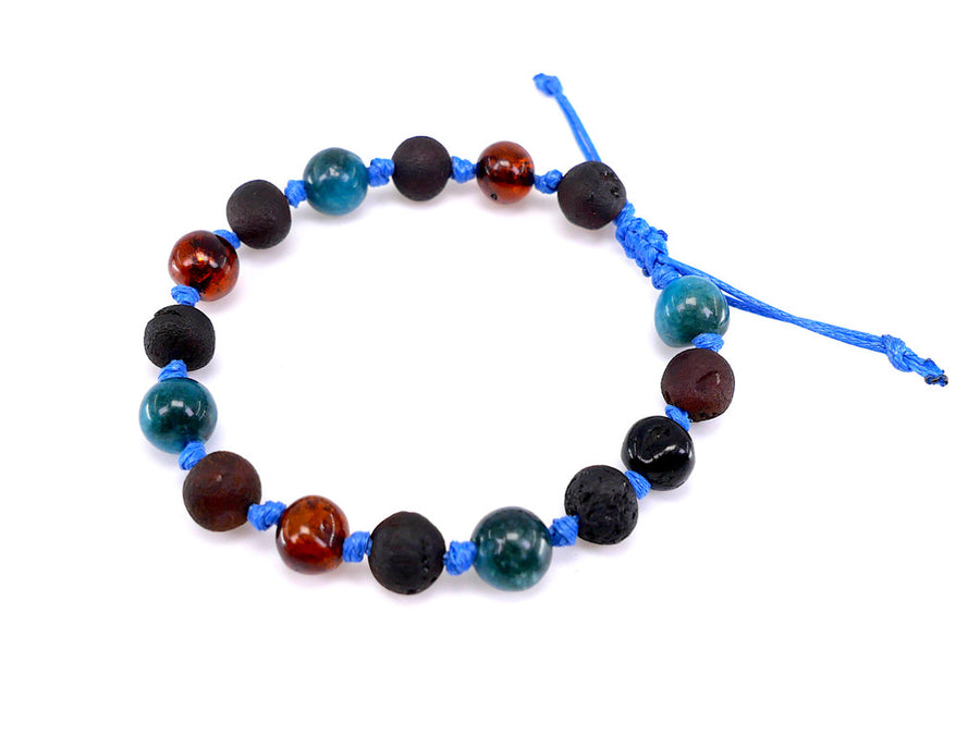 Pulsera ajustable de ámbar báltico con apatita azul, ideal para aliviar la dentición de bebés