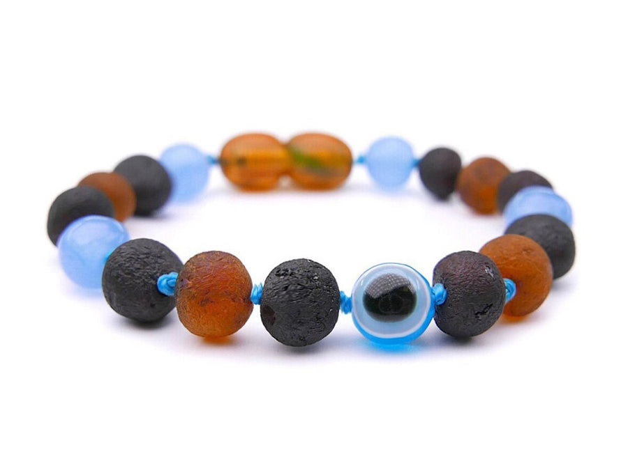 Pulsera de ámbar crudo multicolor con jade azul para la dentición de bebé